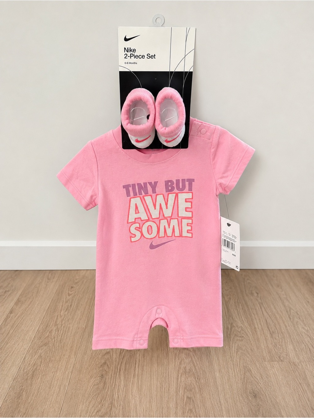 Nike Pink 'Tiny But Awesome' Infant One-Piece with Matching Booties 3-6 Months
